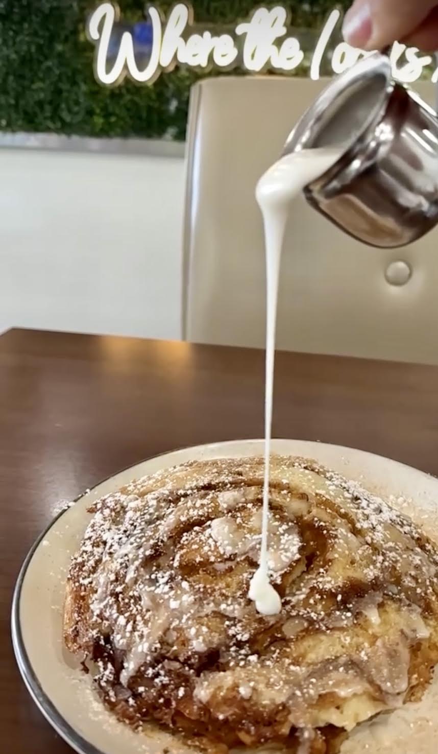 Cinnamon roll pancakes with syrup